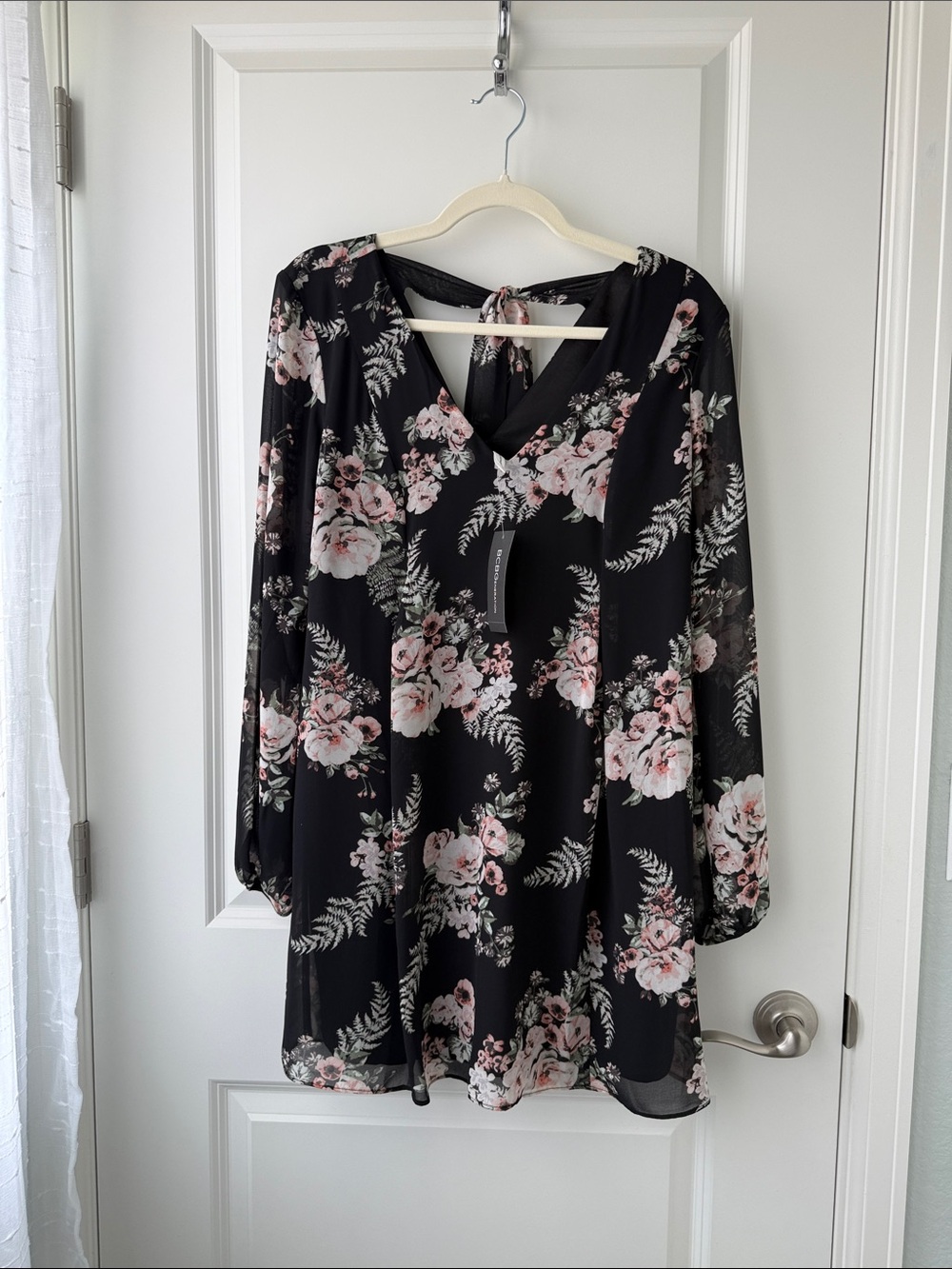 BCBGeneration Black Floral V-Neck Tunic with Pink and Cream Blooms